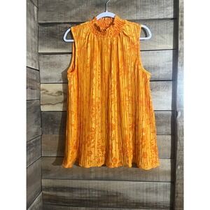 Cato Womens Orange Floral Plisse Pleated Smocked Mock Neck Sleeveless Blouse 18W